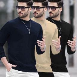 Pack of 3 Men Solid Round Neck Cotton Blend Multicolor T-Shirt-image-75