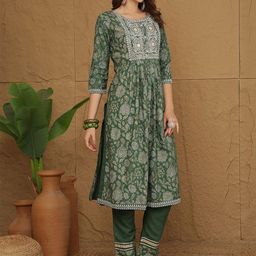 Anouk Floral Printed Mirror Work A-Line Kurta With Trousers & Dupatta image 5