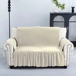 Aura Cream-Coloured Solid Velvet 1 Piece Sofa Cover-14