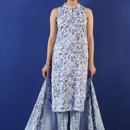 Anouk Floral Printed Band Collar Straight Kurta With Trouser And Dupatta-image-92