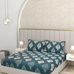Pure Decor Green & White Printed 300 TC Pure Cotton Queen Bedsheet Sets - 2.28 m x 2.54 m-image-49