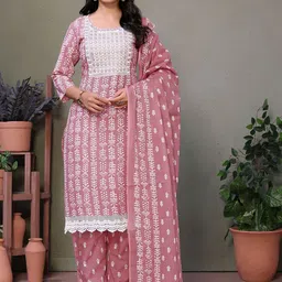 Rangita Women Ethnic Motifs Embroidered Regular Thread Work Pure Cotton Kurta with Trousers & With Dupatta-image-87