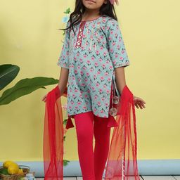 Sangria Girls Printed Pure Cotton Kurti & Leggings With Dupatta-picture-15