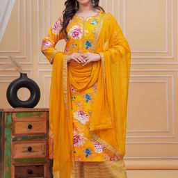 MEERA FAB Floral Printed Round Neck Pure Cotton Kurta With Trousers & Dupatta-20