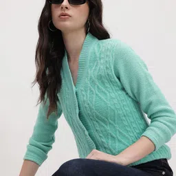 Roadster Women Sea Green Wool Cardigan Sweaters-picture-38