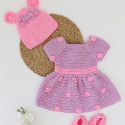 Woonie Handmade Floral Pattern Embroiderd With Bow Detailed Cap & Booties - Purple-picture-11