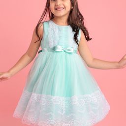 Babyhug Sleeveless Party Wear Lace Frock with Bow - Mint-picture-26
