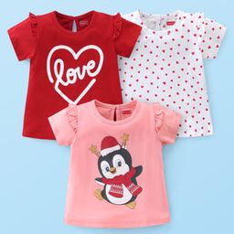 Babyhug 100% Cotton Half Sleeves T-Shirt with Penguin Graphics Pack Of 3 - Red Peach & White-image-99