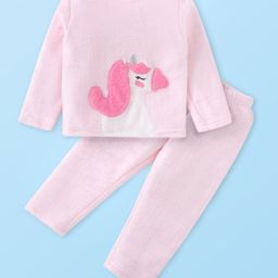 Babyhug Velour Knit Full Sleeves Winter Wear Night Suit with Unicorn  Applique - Pink-image-90