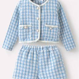 Mark & Mia Full Sleeves Checkered Top & Shorts  Set with Button Detailing - Light Blue-image-90