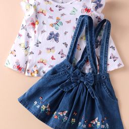 ToffyHouse 100% Cotton Knit Full Sleeves Butterfly Printed Top & Skirt Set with Frill Detailing & Embroidery - Navy Blue-image-38