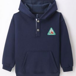 Little Kangaroos Cotton Fleece Knit Full Sleeves Drop Shoulder Hooded Sweatshirt with Patch Detailing & Kangaroo Pockets - Navy Blue-image-13