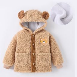 Kookie Kids Full Sleeves Hooded Winter Fur Jacket with Bear Patch Detailing & Ears Applique - Tan-picture-11