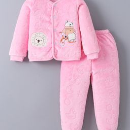 Kookie Kids Full Sleeves Front Open Winter Wear T-Shirt & Lounge Pant Set with Bear & Lion Patch - Pink-image-45