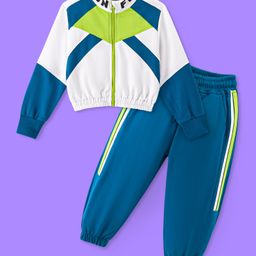 Ollington St. Cotton Looper Knit Full Sleeves Color Blocked Jacket & Joggers Set  - Teal Blue & White-picture-17