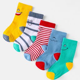 Cute Walk by Babyhug Knit Ankle Length Socks With Smiley Design Pack of 5 - Green Yellow & Red-image-6