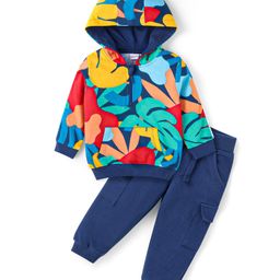 Babyhug Terry Knit Full Sleeves Hooded Sweatshirt with Kangaroo Pockets & Lounge Pant Set with Leafy Print-Navy-picture-10