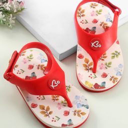 Babyoye Flip Flops with Velcro Closure & Leaves Print - Red-image-32