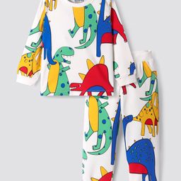 Bonfino 100% Cotton Knit Full Sleeves Night Suit With Dino Print - White-image-48