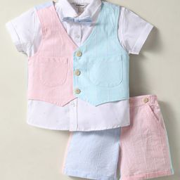 ToffyHouse Cotton Woven Half Sleeves Checkered 3 Piece Party Suit with Bow - Pink White & Light Blue-image-92