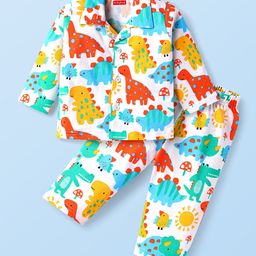 Babyhug Cotton Knit Full Sleeves Night Suit With Dino Print - White-picture-25