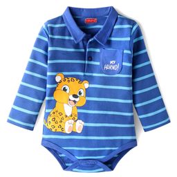 Babyhug 100 % Cotton Knit Full Sleeves Striped & Animal Printed Collared Onesie - Blue-image-6