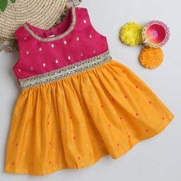 Many frocks & Sleeveless Square Foil Printed Lace Embellished Ethnic Dress - Pink & Yellow-25