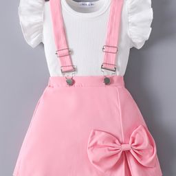 Mark & Mia Frill Sleeves Solid Color Top & Skirt with Attached Suspender & Bow Applique - White & Pink-image-7
