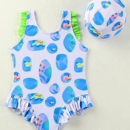 Babyhug Sleeveless V Cut Swimsuit With Abstract Print & Cap - White-image-40