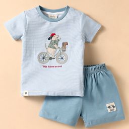 Ollypop Interlock Knit Half Sleeves Striped T-Shirt & Shorts Set With Animal Patch - Light Blue-picture-7