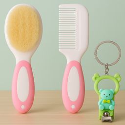KIDS BASIC Baby Soft Bristle Hair Brush Comb Set with Cute Nail Clipper - Pink & Green-22