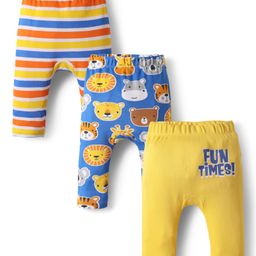 Babyhug Interlock Knit Full Length Diaper Leggings with Stripes & Animal Print Pack Of 3 - Blue & Yellow-image-92