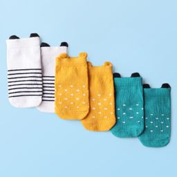Cute Walk by Babyhug Knit Ankle Length Anti Bacterial Anti Skid Socks with Polka Dot Design & Stripes Pack of 3 - Yellow Mint & White-image-9