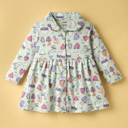 CUCUMBER Interlock Knit Full Sleeves Front Open Frock With Mushroom Print - Light Green-picture-15