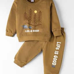 Tango Knit Full Sleeves Winter Wear Fleece Sweatshirt & Lounge Pant Set with Life is Good Print - Tan-picture-3
