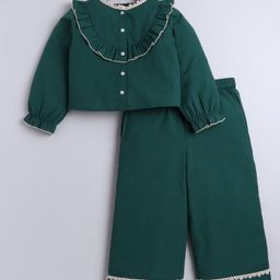 Aww Hunnie Cotton Woven Full Peasant Sleeves Frill Detailed Top & Pant Set - Green-picture-24
