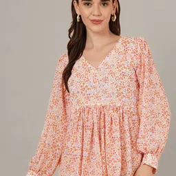 Magnetism Women Floral Print V- Neck Cuffed Sleeves Chiffon Empire Top-36