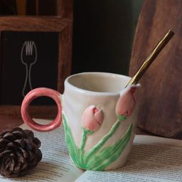 WEAVING HOMES White & Green Floral Textured Ceramic Glossy Mug-38