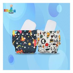 Chinmay Kids Cloth Diaper Cute Prints Freesize Reusable Washable Adjustable Snap Buttons Cloth Diaper For Babies With Wet Free Insert Pads Leak Proof & Dry Feel Pack of 2 - Dark Blue & White image 2