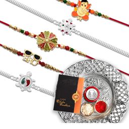 Rakhi Combo for Brother with Rakhi, Roli Chawal, Coin , pooja thali & Greeting Card-image-49