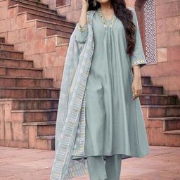 Sangria Mirror Work Yoke Design A-Line Kurta & Trousers With Dupatta image 3