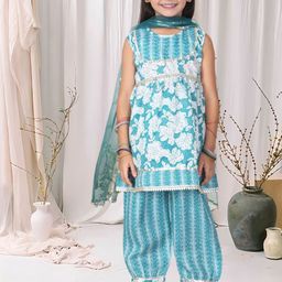 Cutiekins Girls Floral Printed Gotta Patti A-Line Kurta With Palazzo And Dupatta-picture-1