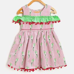 AWW HUNNIE Girls Pink & White Striped Cold Shoulder Fit & Flare Dress-image-31