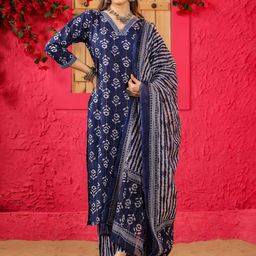 KALINI Floral Printed V Neck Kurta With Trousers & Dupatta-picture-35