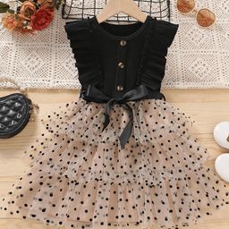 TIOR Girls Black & Beige Polka Dot Print Fit & Flare Dress-37
