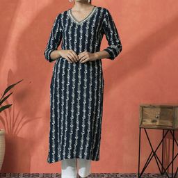 Sangria Floral Printed V-Neck Mirror Work Straight Kurta-56