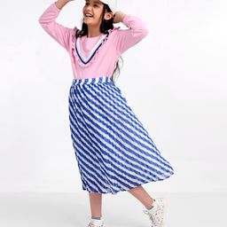 Ollington St. Winterwear Sweatshirt With Frills And Georgette Pleated Skirt With Stripes Print- Pink Navy-image-45