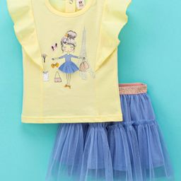 ToffyHouse Short Sleeves Doll Printed Top & Solid Colour Tiered Skirt - Yellow & Blue-picture-48