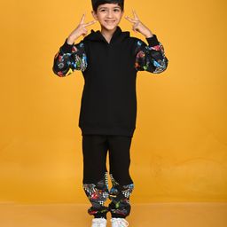 Anthrilo Full Sleeves  Truck Text Printed  Cut & Sew Hoodie With Coordinating Jogger Set - Black-image-83