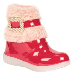 Lil Lollipop Stone Detailed Fur Embellished Glossy & Zipper Party Boots With Light - Red-image-92